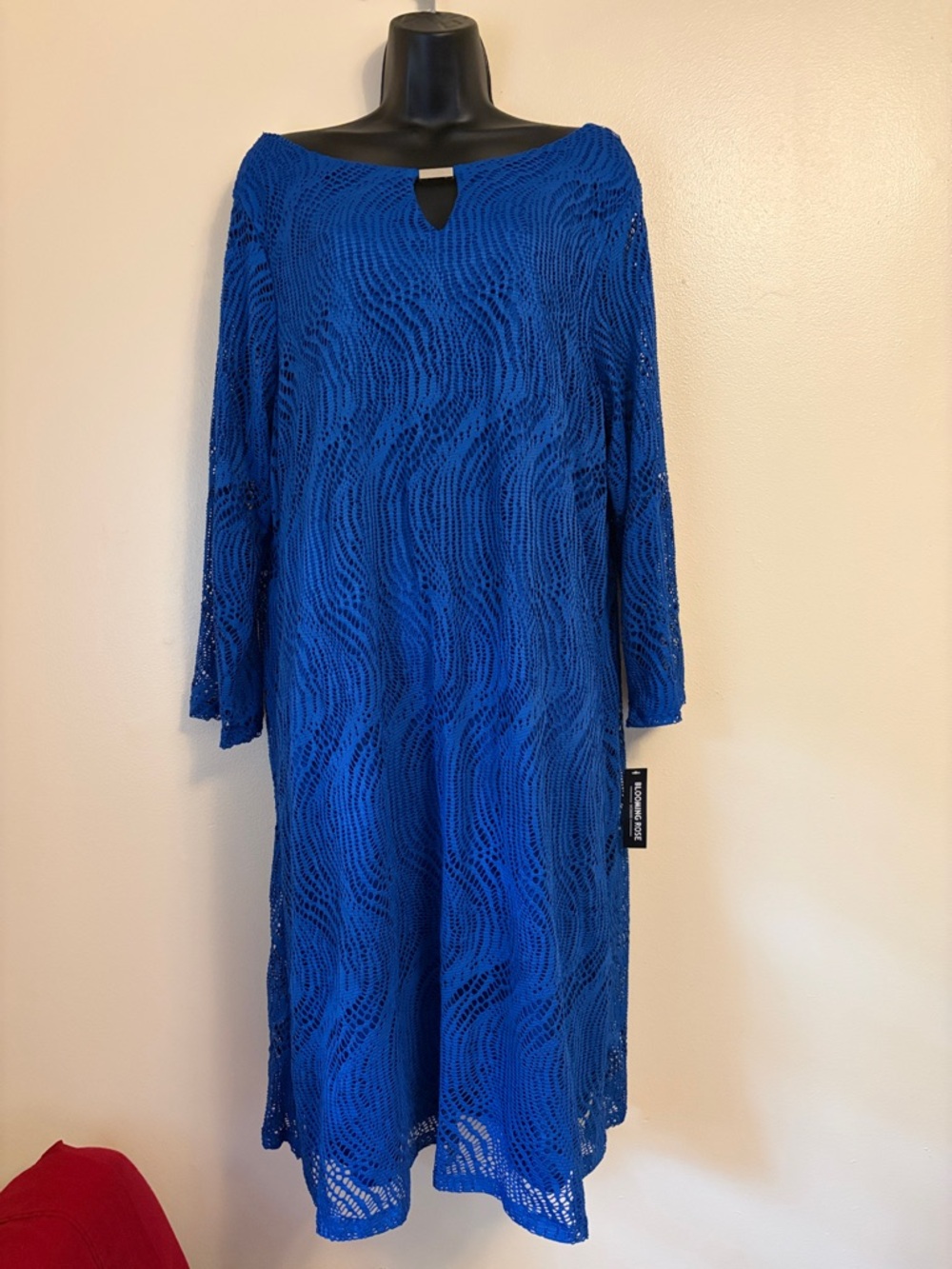NWT  Blooming Rose Blue Crochet Midi Dress - Women's Elegant Boatneck